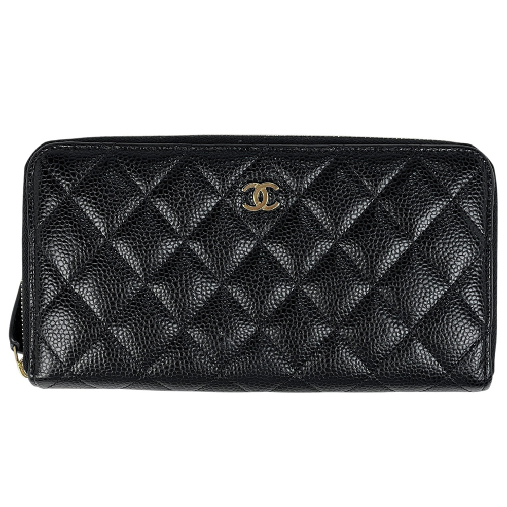 CHANEL Authentic Black Caviar Leather Logo Wallet